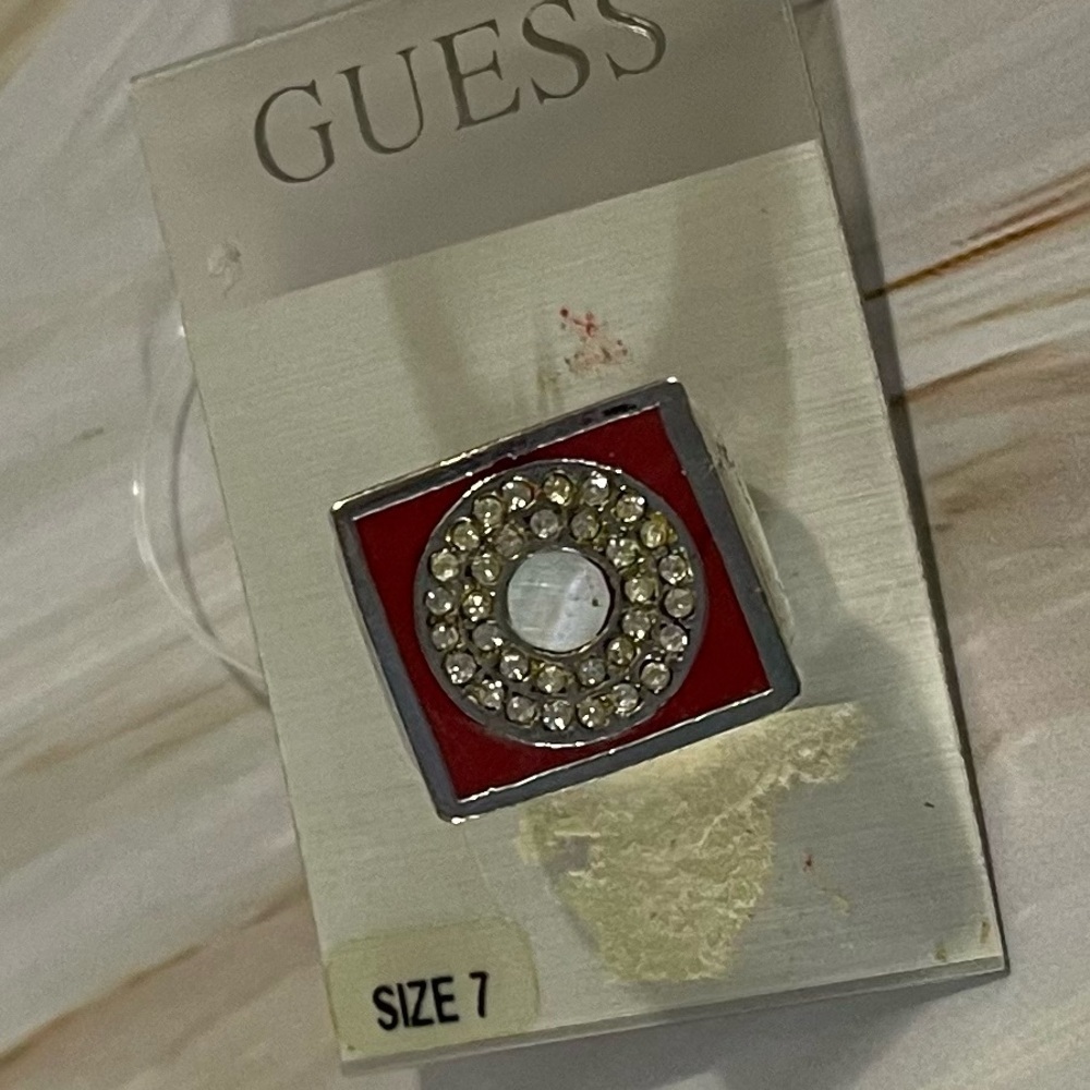 NEW GUESS Red Enamel and Crystal Art Deco Ring